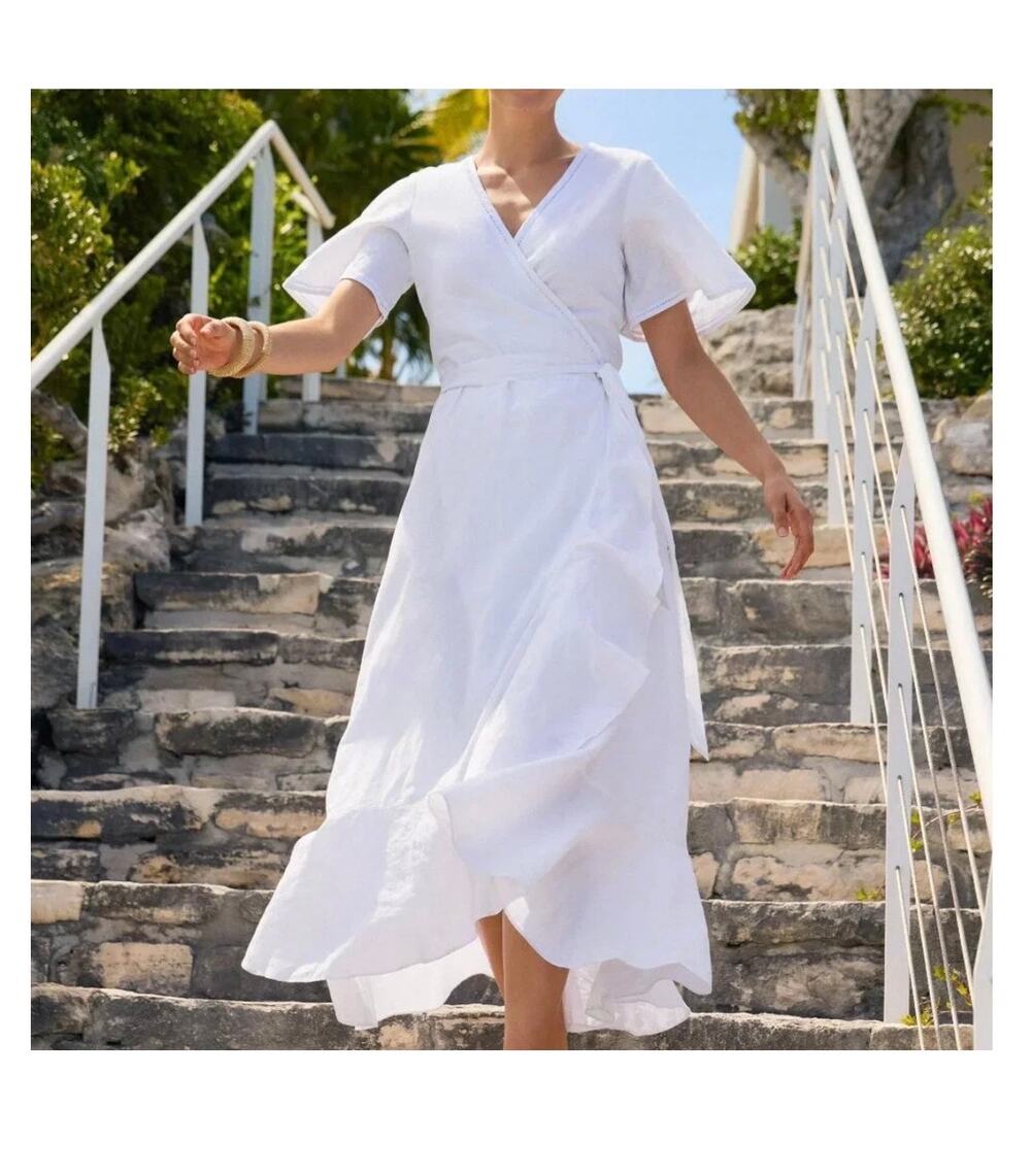 J. McLaughlin Aurora White linen wrap dress Sz xs resortwear wedding cruise